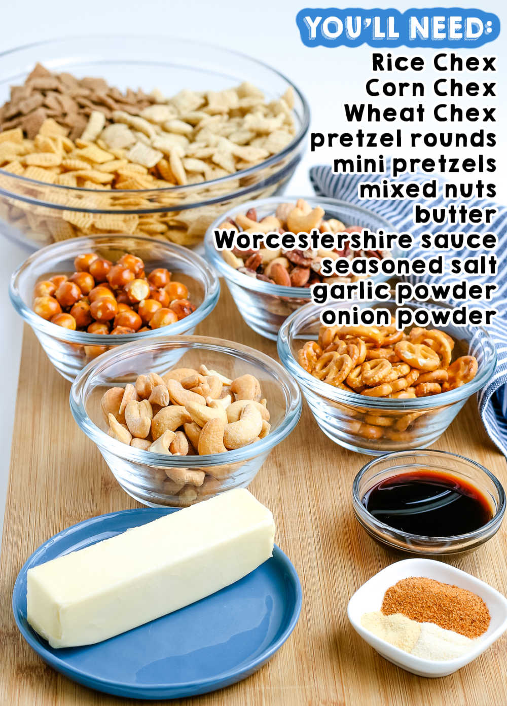 All of the ingredients needed to make this Chex Party Mix recipe.