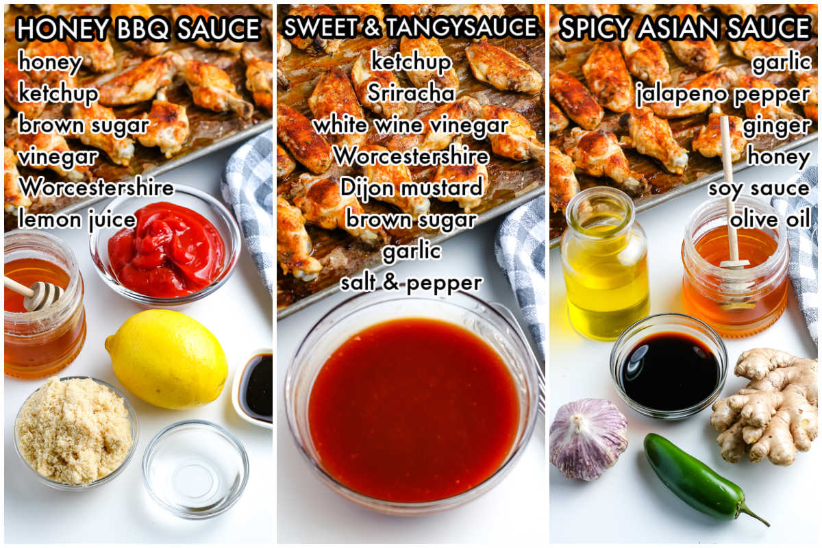 A picture collage of all of the ingredients needed to make 3 different dipping sauces.
