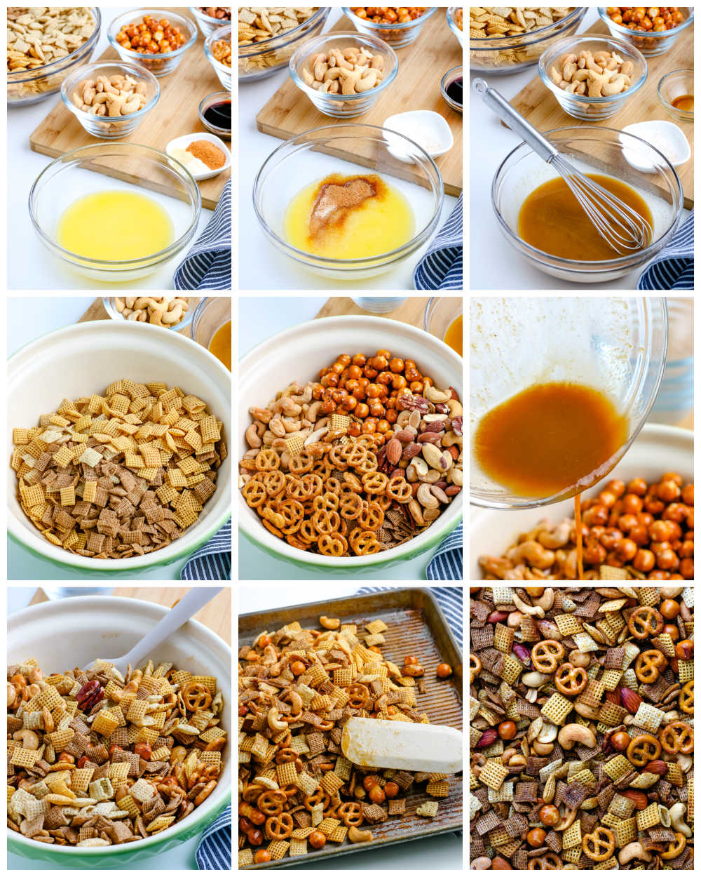 A picture collage of how to make Chex Party Mix.