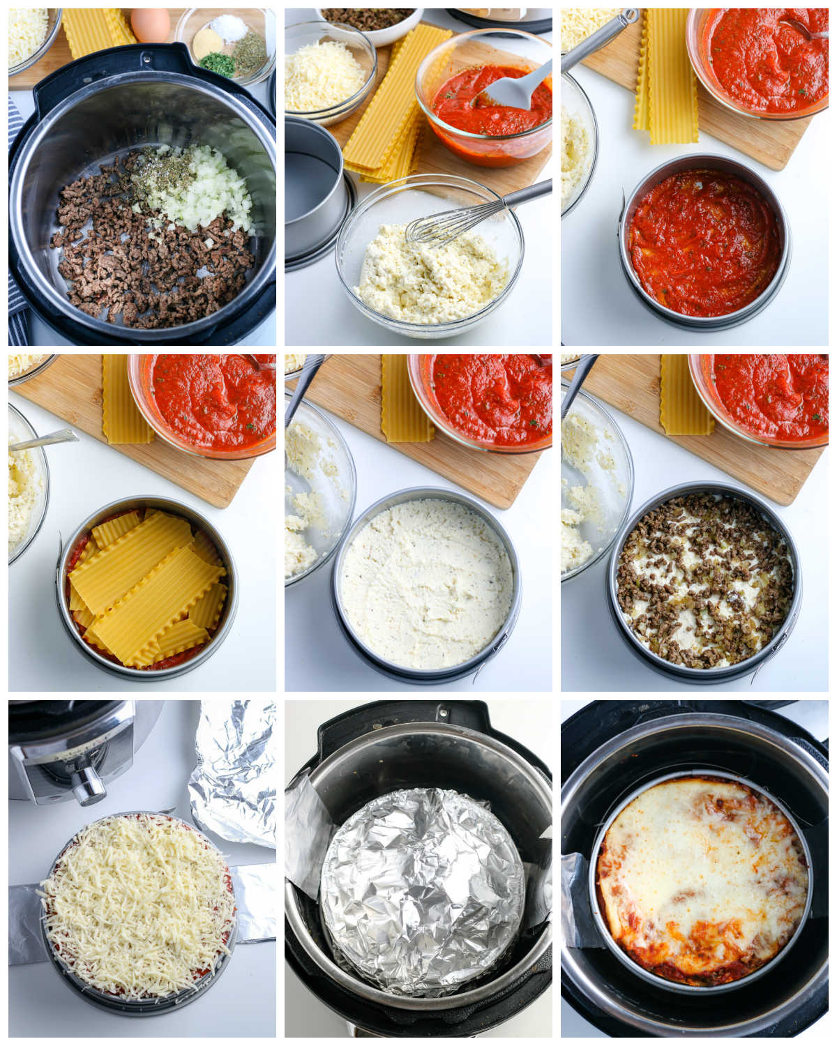 A picture collage of how to make Instant Pot Lasagna.