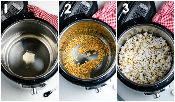 A picture collage of how to make Instant Pot Popcorn.