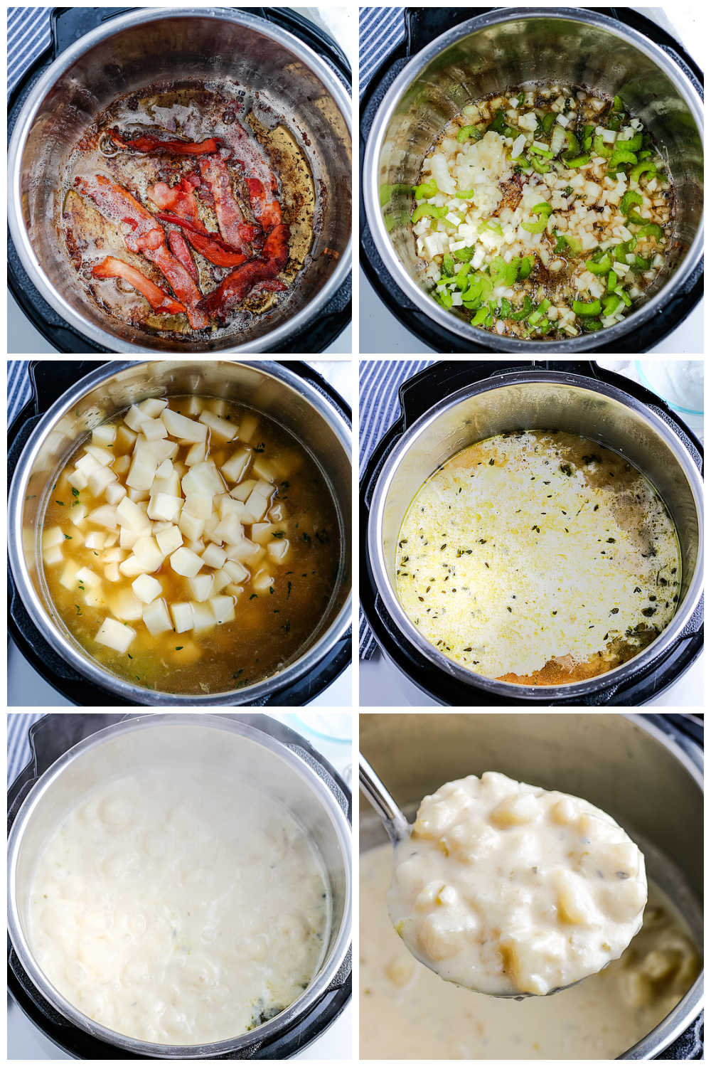A picture collage of how to make Instant Pot Potato Soup.