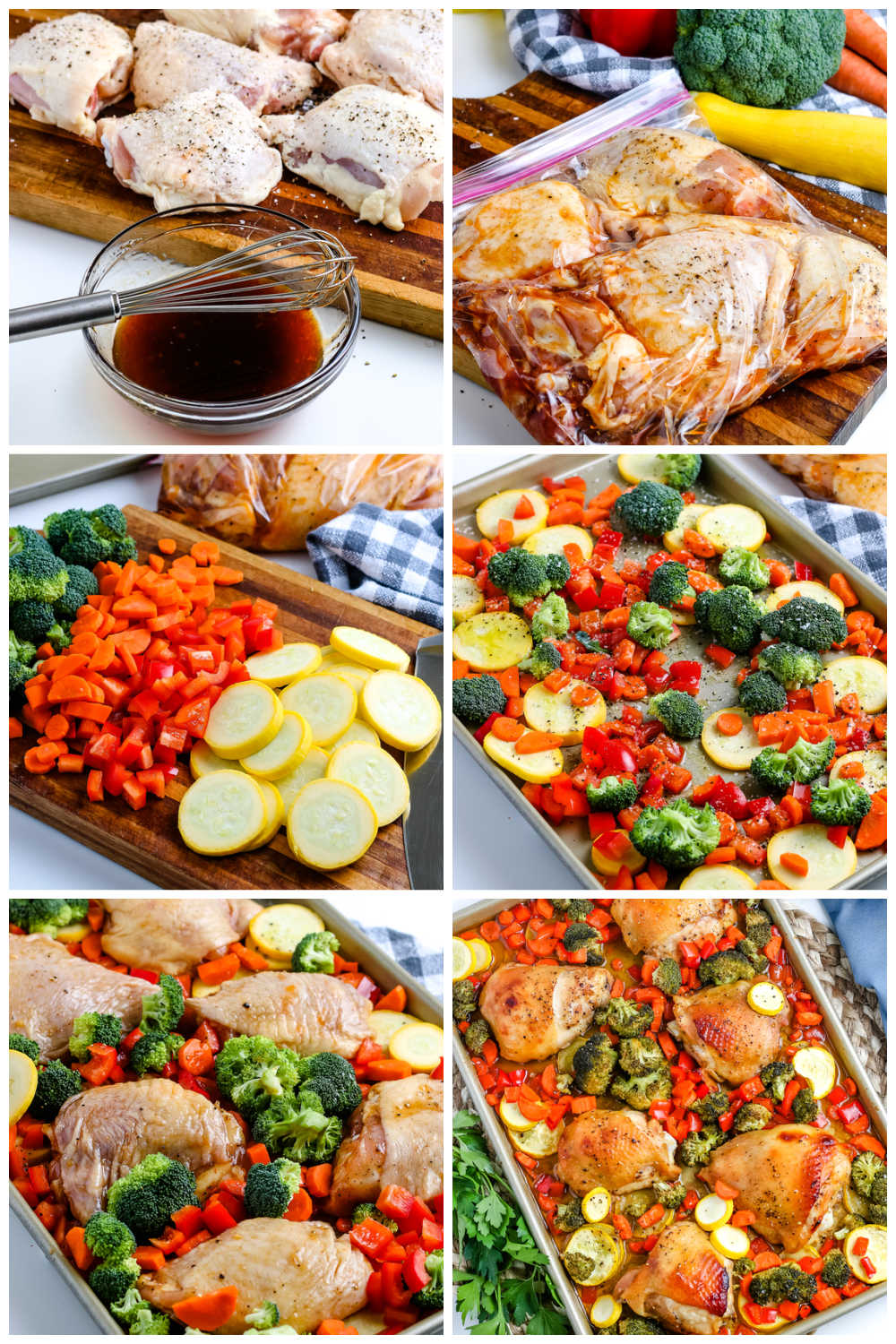 A picture collage of how to make this Sheet Pan Chicken Thighs recipe. 