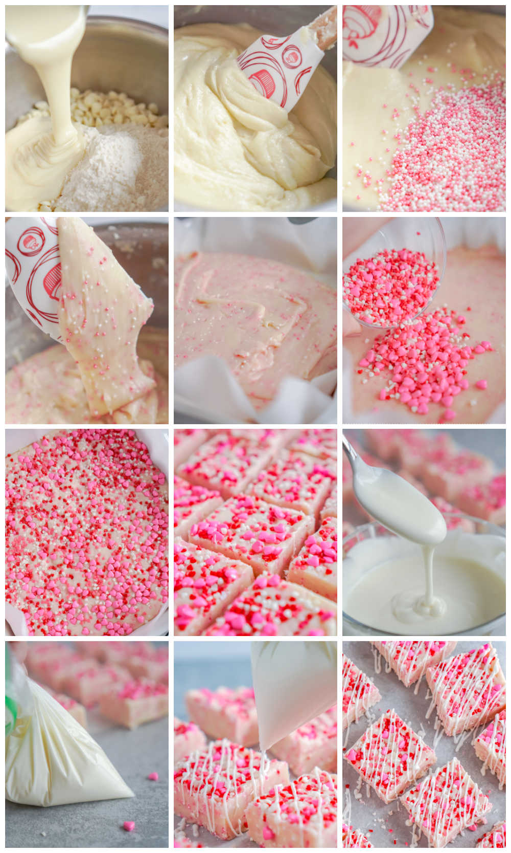 A picture collage of how to make Valentine's Day Fudge.