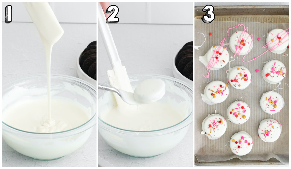 A picture collage of how to make this White Chocolate Dipped Oreos recipe.