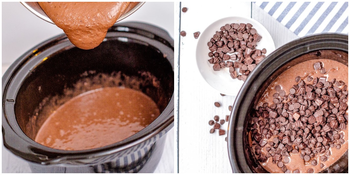 a collage showing how to make chocolate lava cake by pouring in the pudding mixture and adding in the chocolate chips