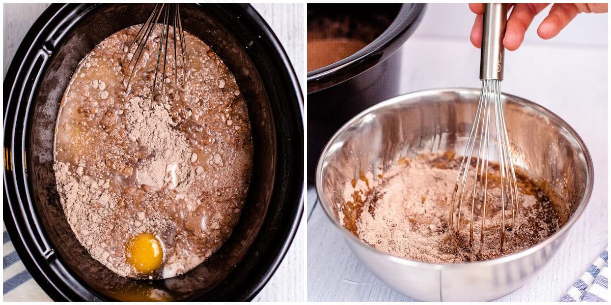 a collage showing how to make lava cake by mixing the ingredients for the cake and then mixing the pudding together
