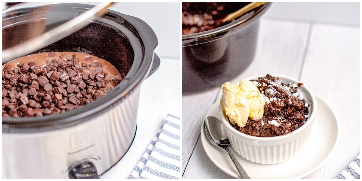 a collage showing closing the crockpot lid to cook the cake and a serving of the cake with a scoop of ice cream