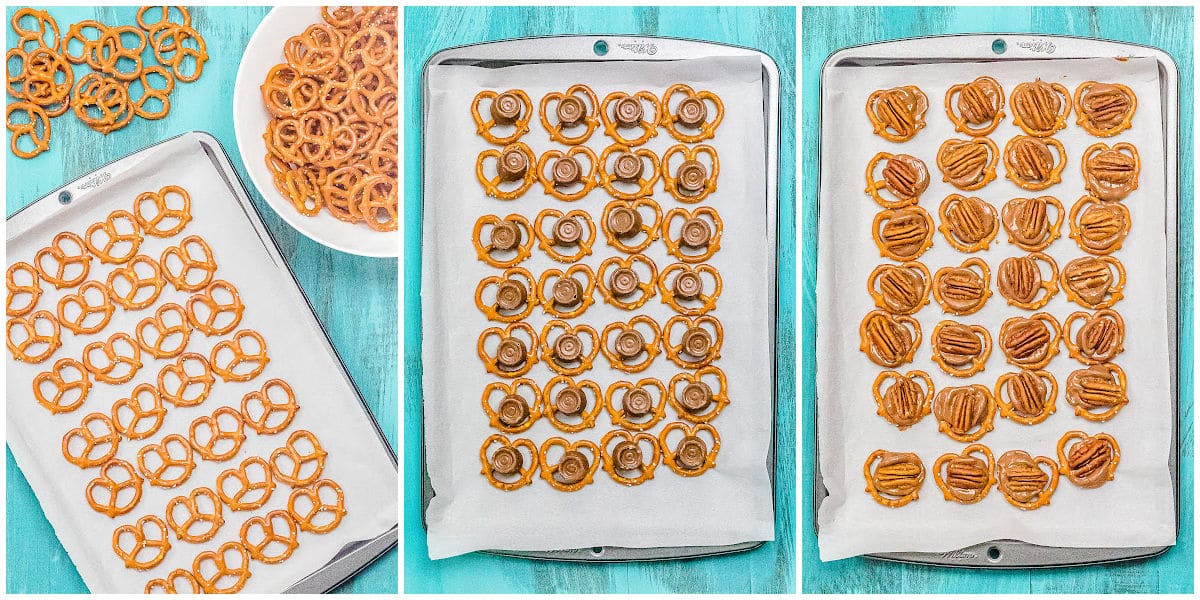 a collage showing how to make pretzel turtles by laying out the pretzels, adding the rolos, and then the pecans