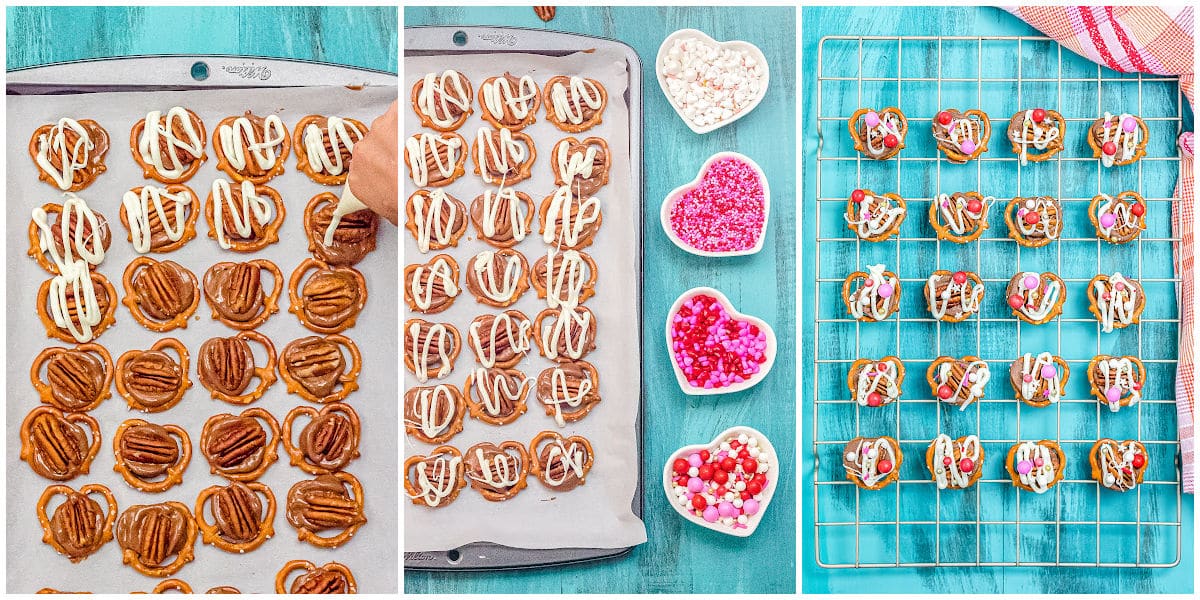 a collage showing how to make rolo pretzel turtles by drizzling chocolate over the pretzels and adding sprinkles on top before serving