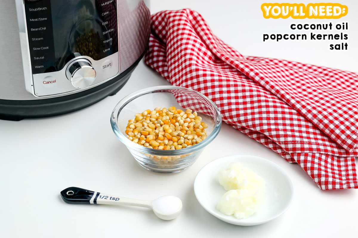All of the ingredients to make Instant Pot Popcorn.