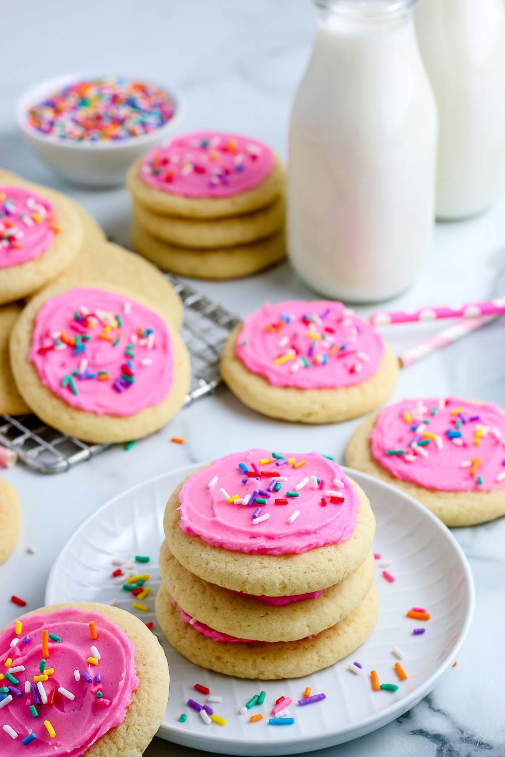 Finished Copycat Lofthouse Sugar Cookies recipe on serving platters.