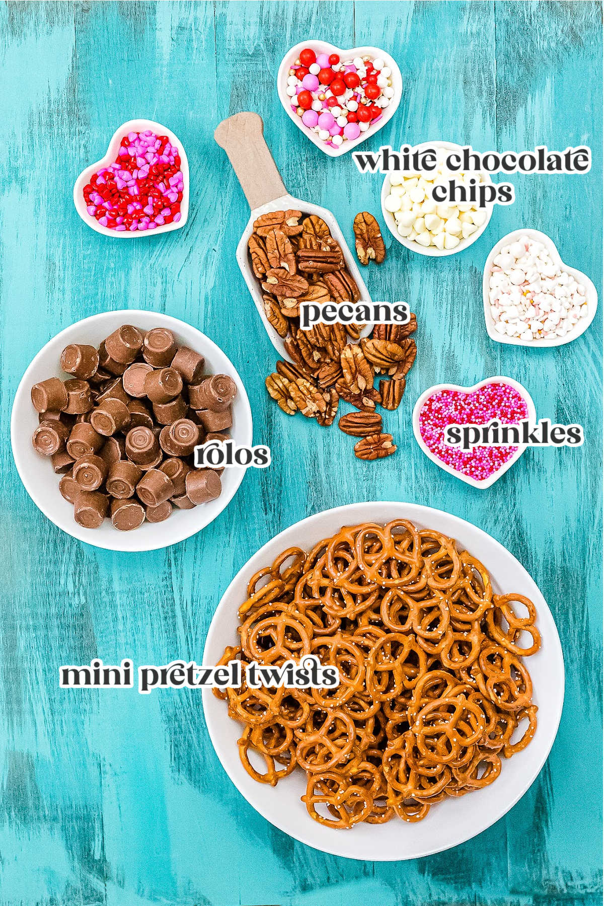 ingredients for rolo pretzel turtles with text overlay
