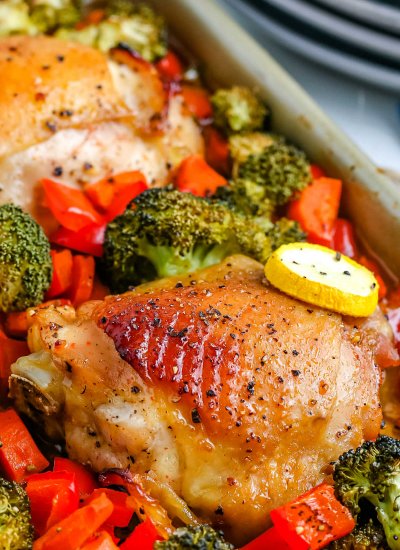 A close up picture of the finished Sheet Pan Chicken Thighs.