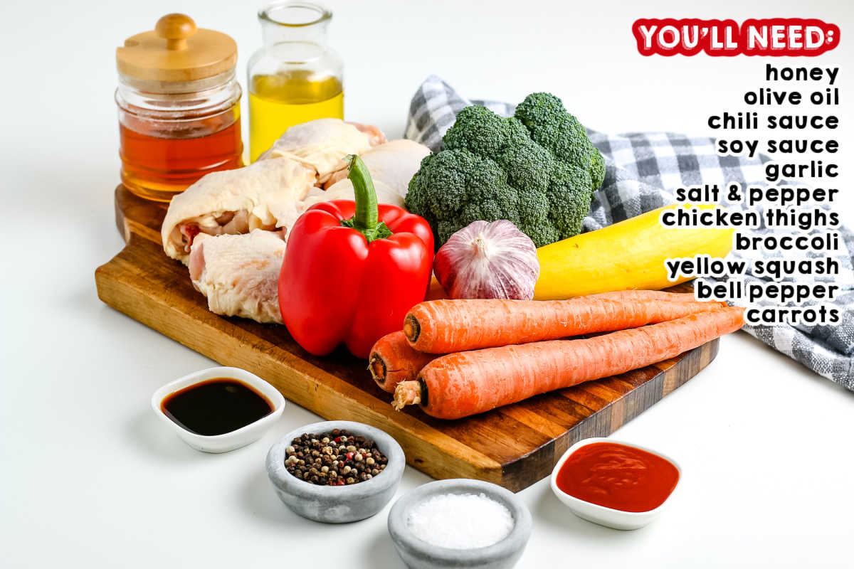 All of the ingredients needed to make Sheet Pan Chicken Thighs.