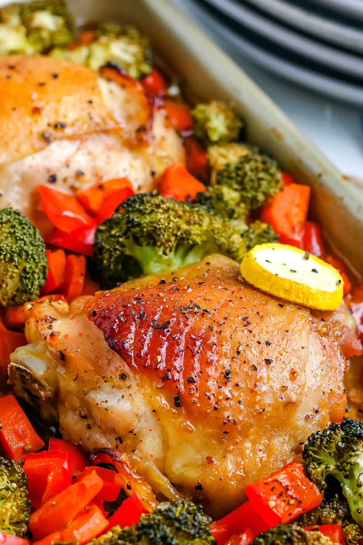 A close up picture of the finished Sheet Pan Chicken Thighs. 
