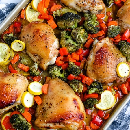 An overhead picture of the finished Sheet Pan Chicken Thighs recipe.