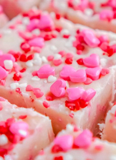 A close up picture of slices of Valentine's Day Fudge.