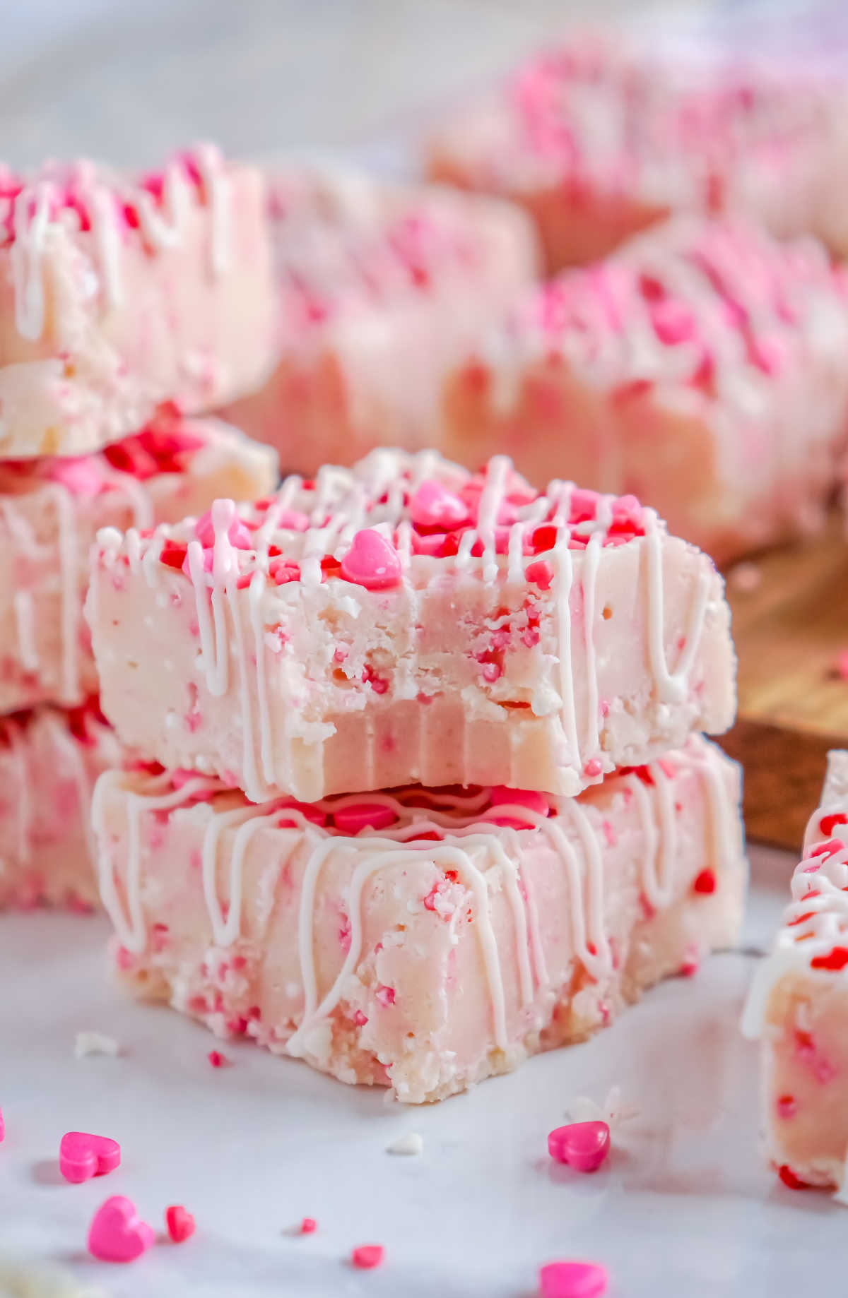 A close up picture of the finished Easy Valentine's Day Fudge Recipe. 
