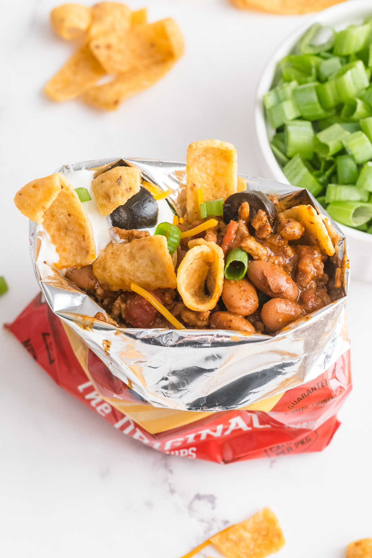 An overhead picture of a finished Walking Taco. 