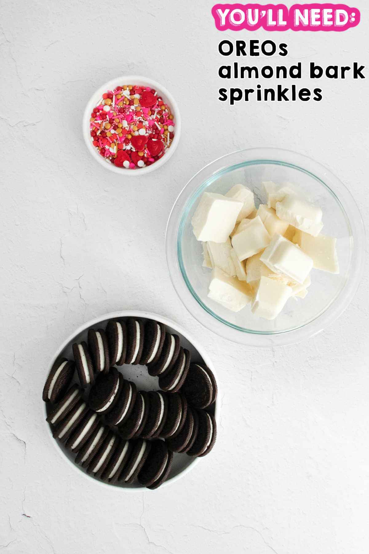 An overhead picture of all of the ingredients needed to make White Chocolate Dipped Oreos recipe.