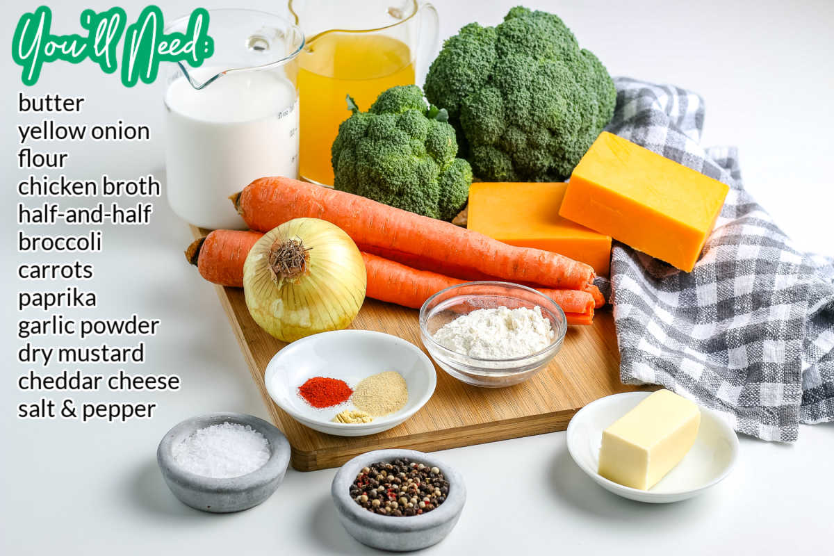 All of the ingredients needed to make Broccoli Cheese Soup.
