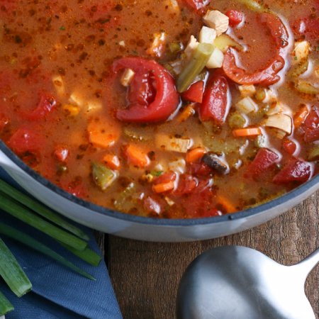 An overhead picture of the finished Chicken Vegetable Soup recipe in a soup pot.