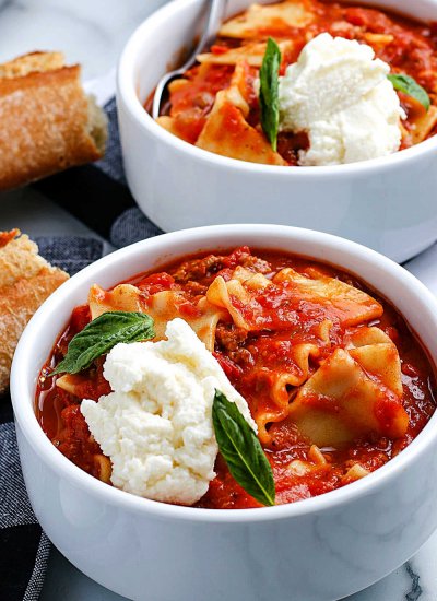 Lasagna Soup in white bowls.