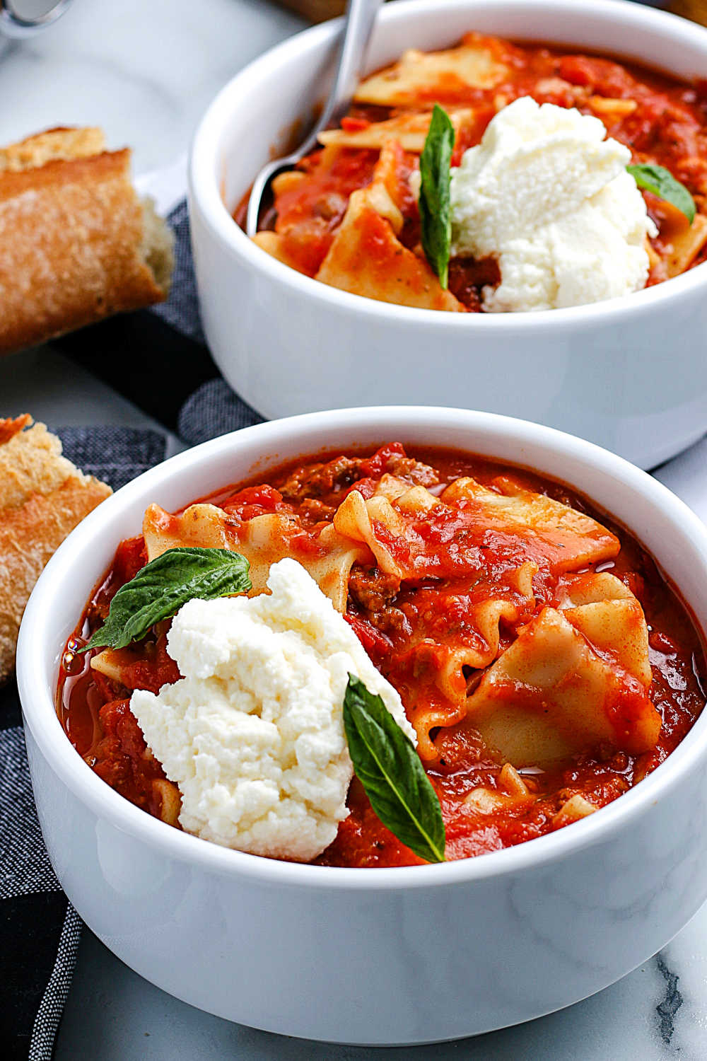 Lasagna Soup in white bowls. 