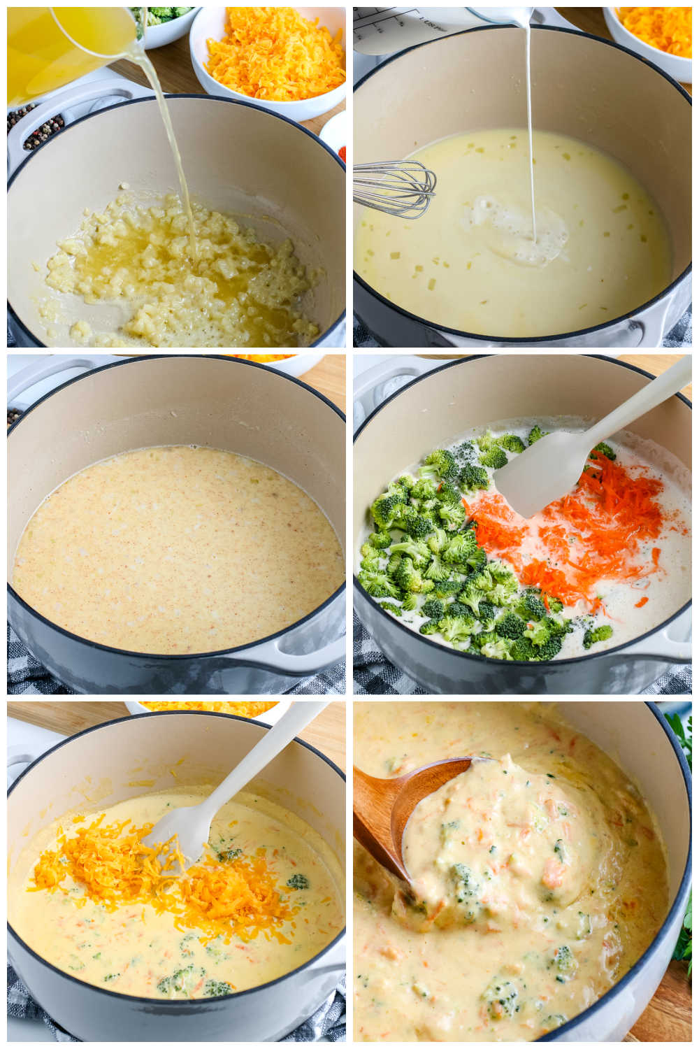 A picture collage of how to make this Broccoli Cheddar Soup recipe.