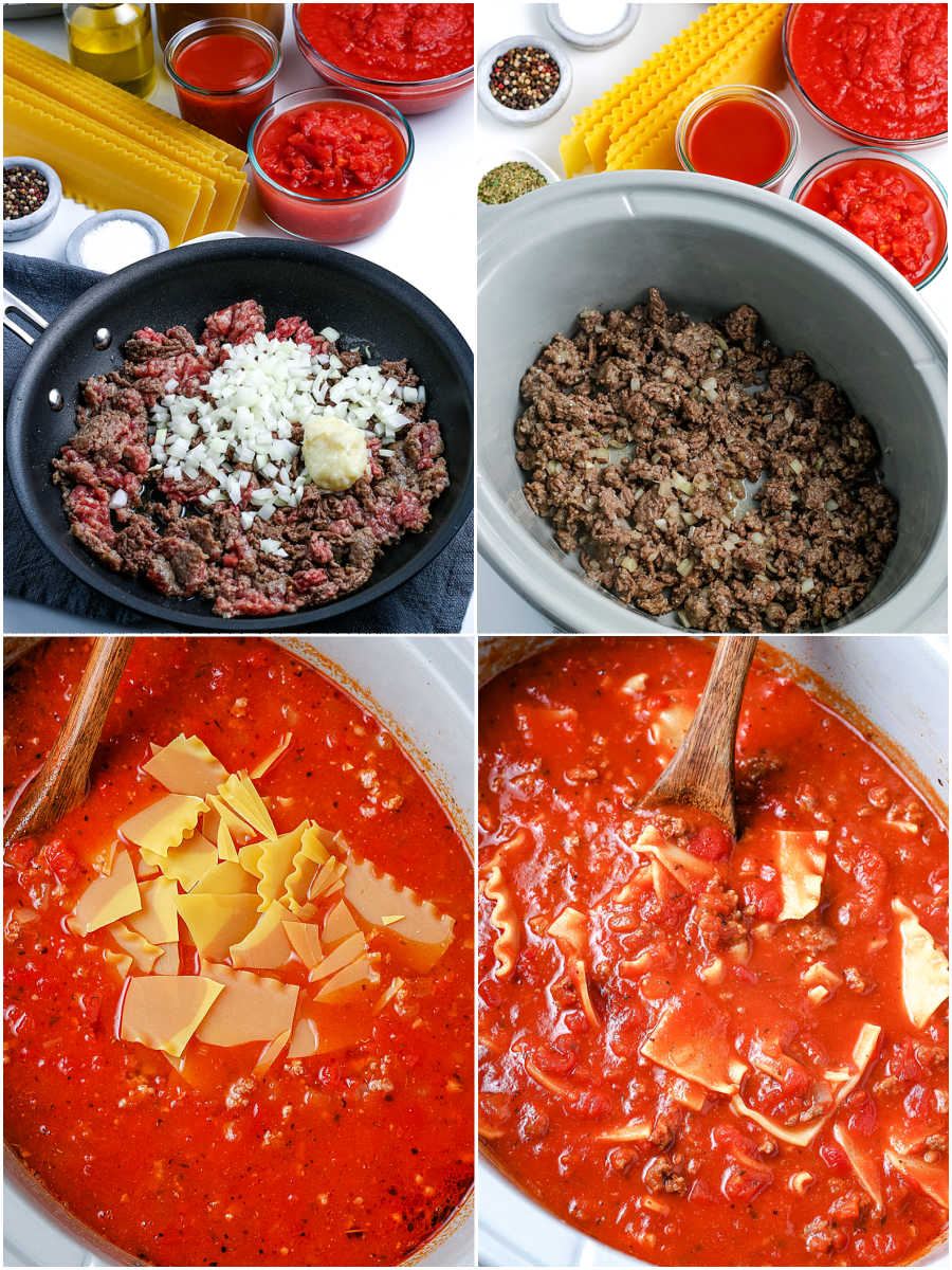 A picture collage of how to make Crockpot Lasagna Soup.