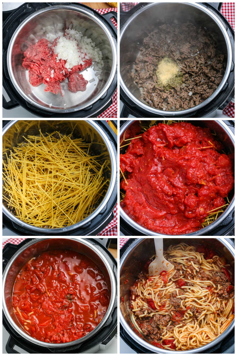 A picture collage of how to make Instant Pot Spaghetti.