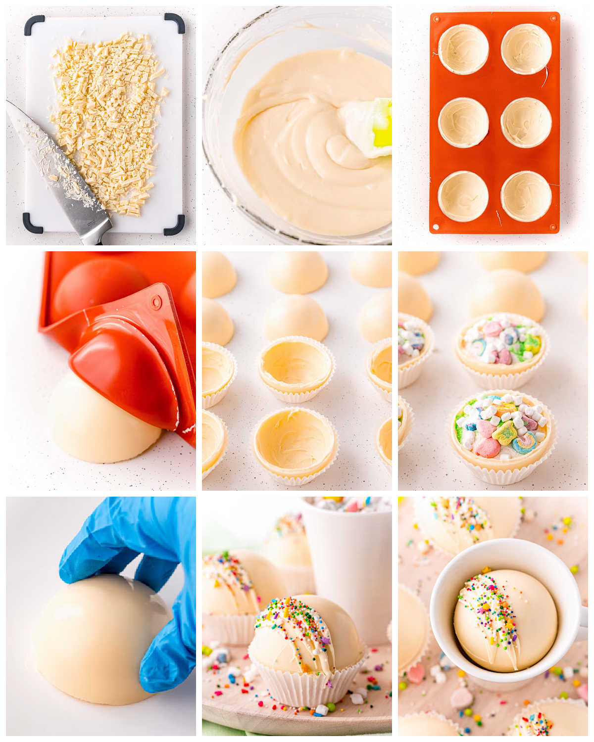 A picture collage of how to make Rainbow White Hot Chocolate Bombs.