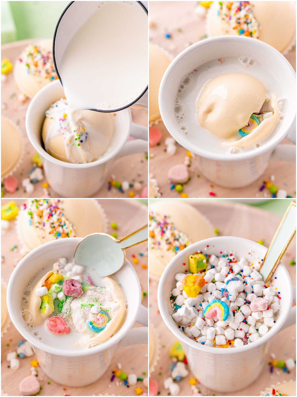 A picture collage of how to make Rainbow White Hot Chocolate.