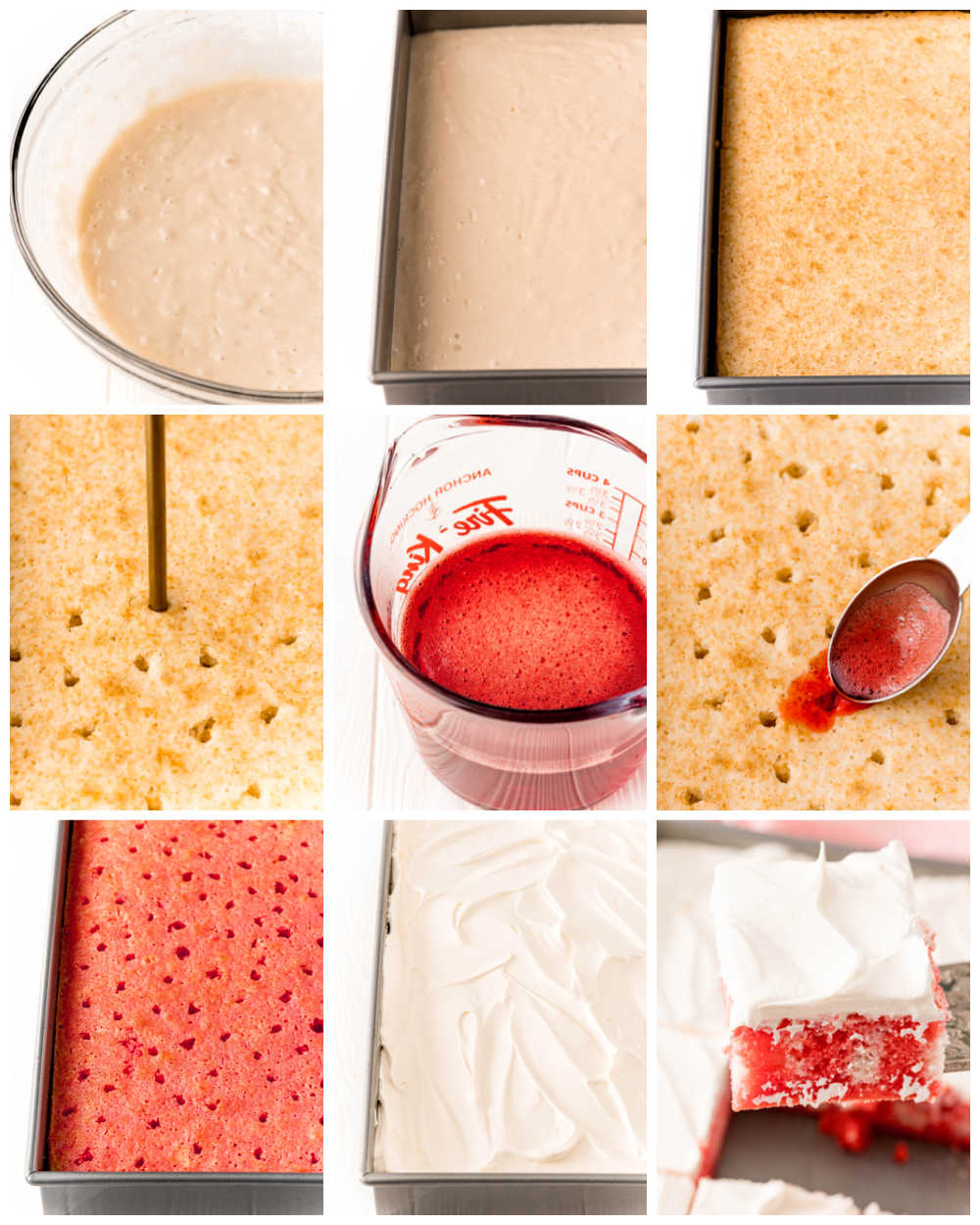A step-by-step picture collage of how to make Raspberry Jello Poke Cake. 