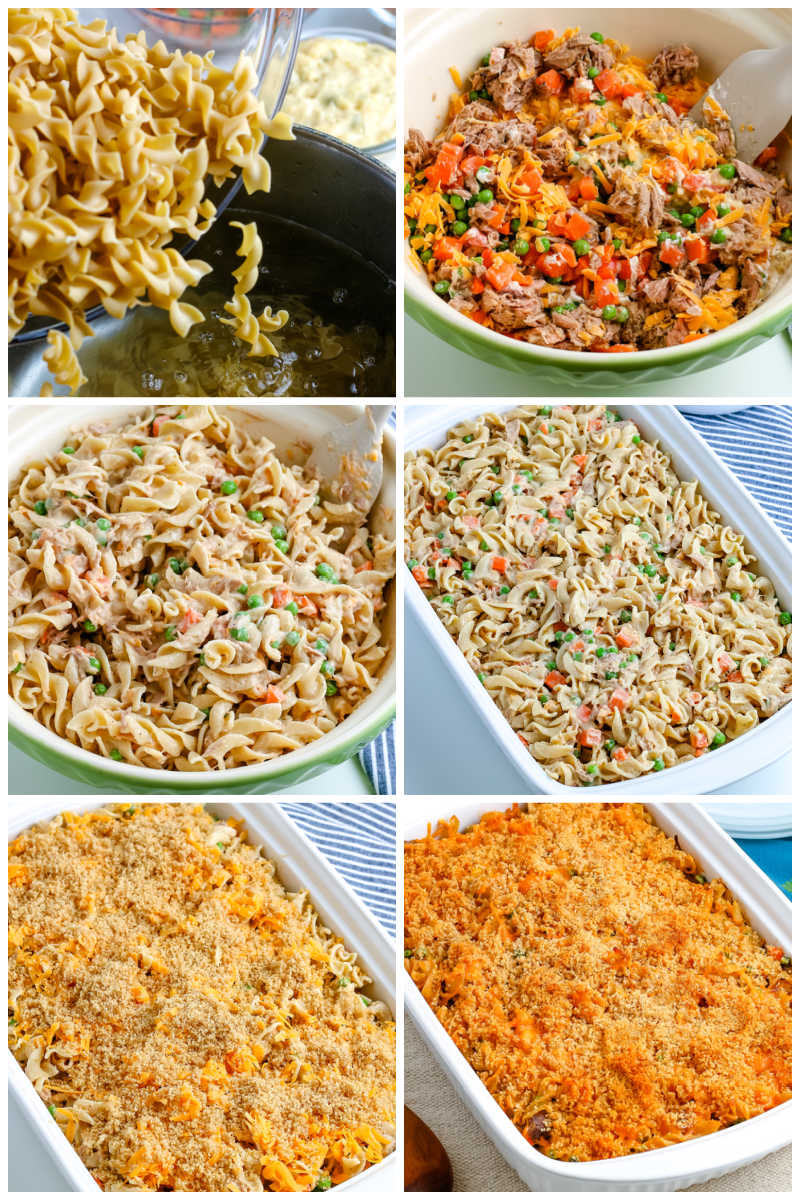 A picture collage of how to make this Tuna Noodle Casserole recipe.