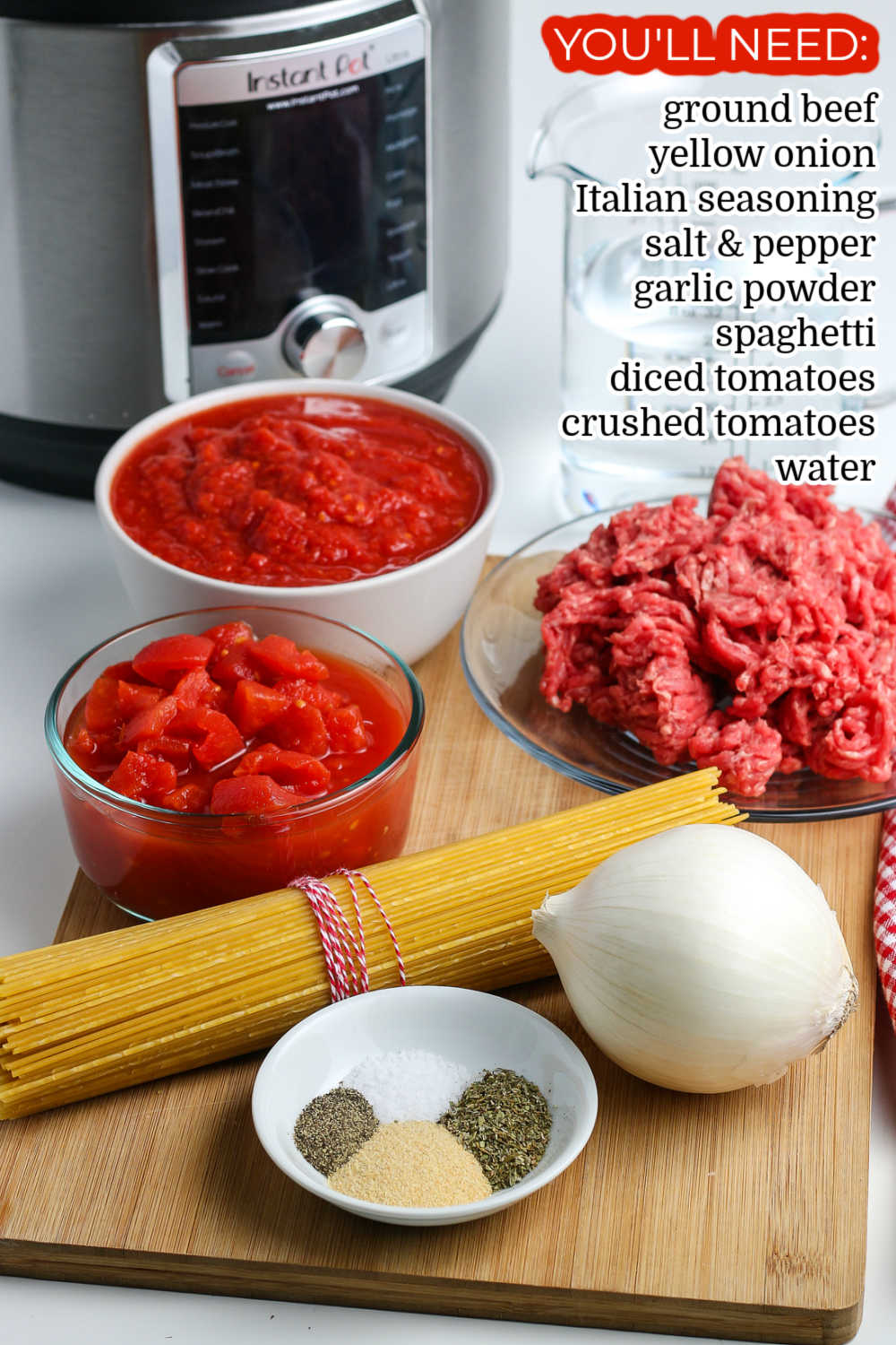 All of the ingredients needed to make this Instant Pot Spaghetti recipe.