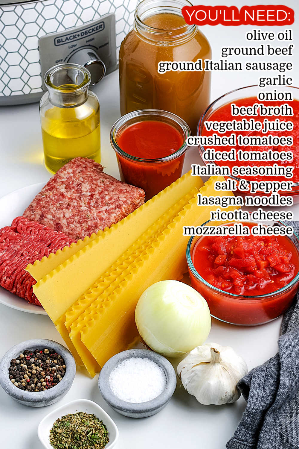 All of the ingredients needed to make Lasagna Soup.