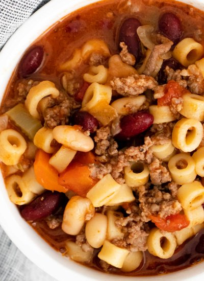 An up close, overhead picture of the finished Olive Garden Pasta e Fagioli Soup Copycat.