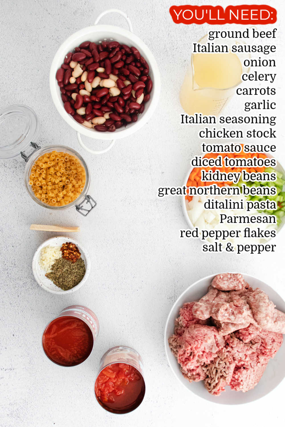 All of the ingredients needed to make Olive Garden Pasta e Fagioli Soup.