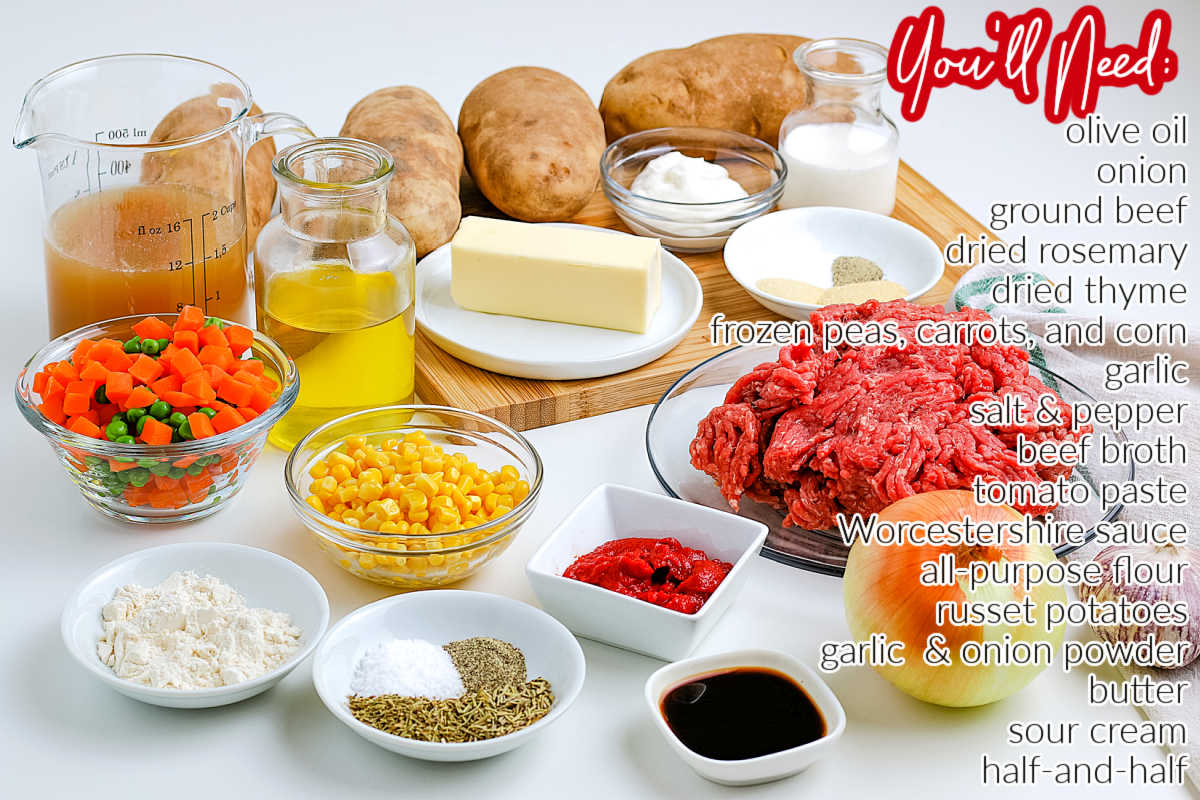 All of the ingredients needed to make Shepherd's Pie.
