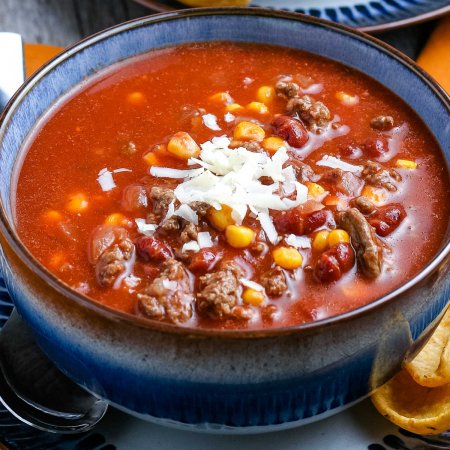 A close up picture of the finished Taco Soup recipe.