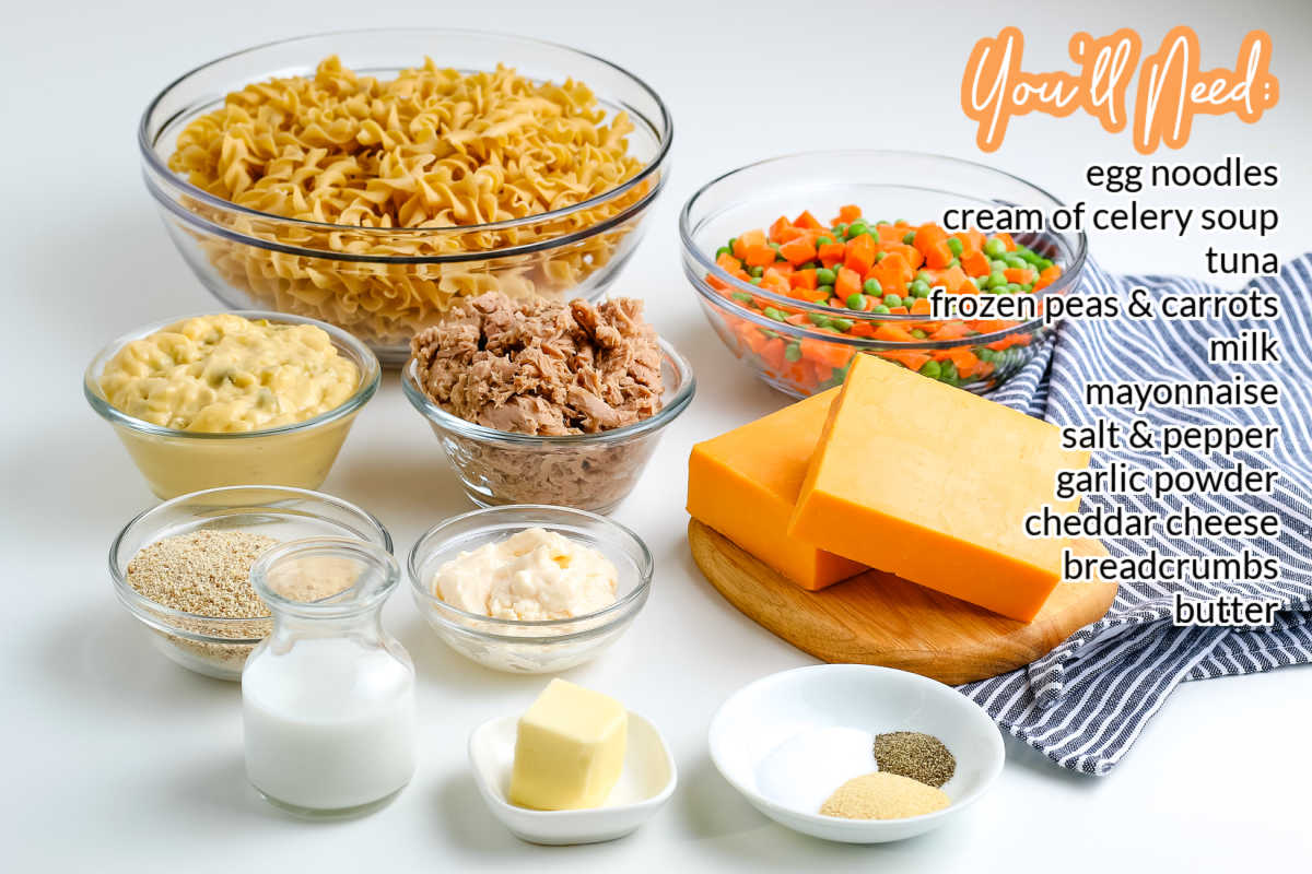 All of the ingredients needed to make this easy Tuna Noodle Casserole recipe.