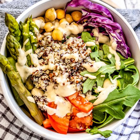 An overhead picture of the finished Buddha Bowls