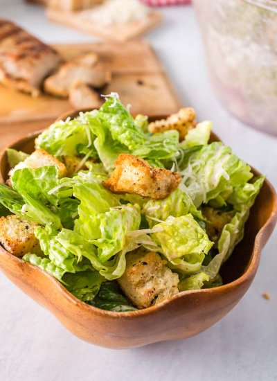 Caesar Salad in a wooden bowl.