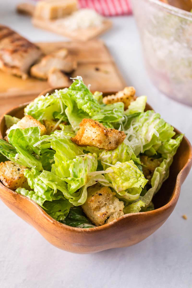 Caesar Salad in a wooden bowl. 