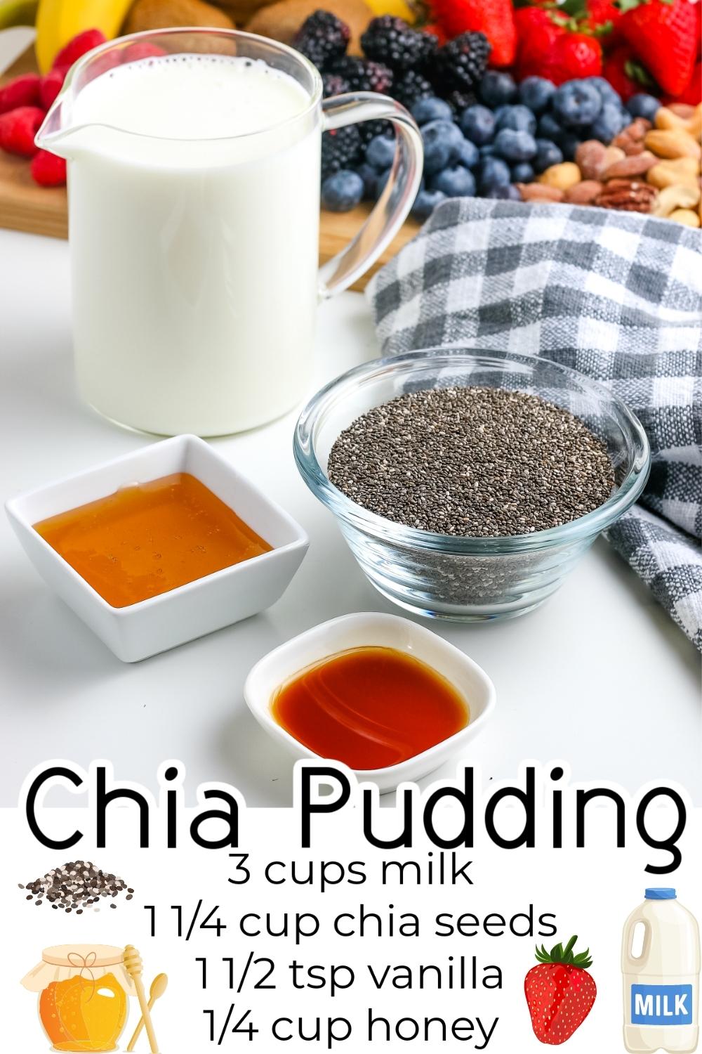 All of the ingredients needed to make Chia Pudding.