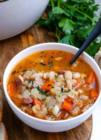 A close up picture of the finished Ham and Bean Soup.