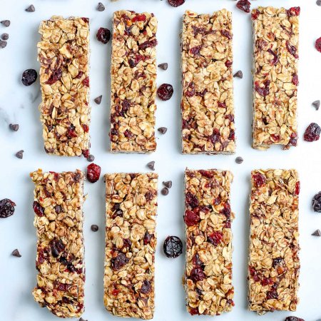 An overhead picture of cut up Homemade Granola Bars.