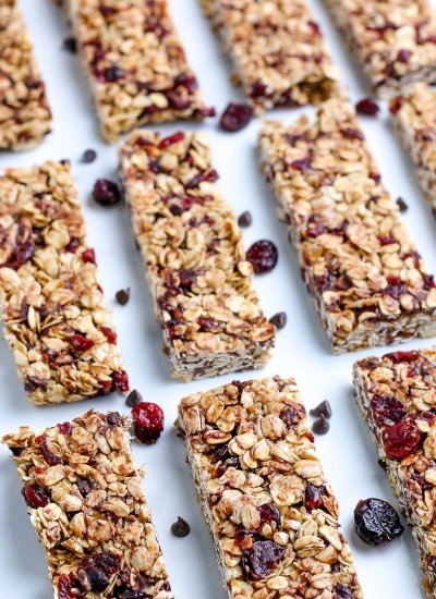 A close up of Homemade Granola Bars laid out on a white platter.